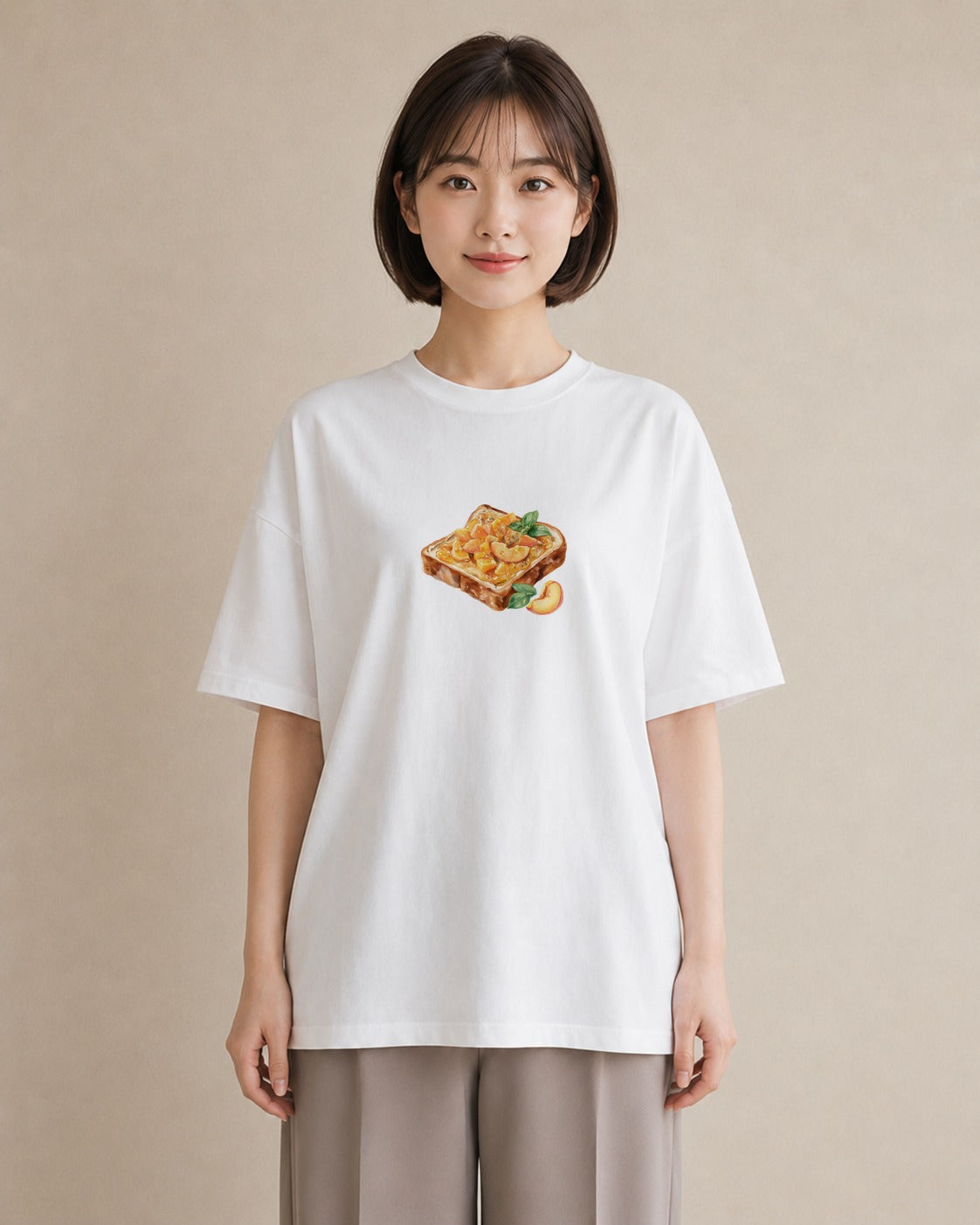 プリントTシャツ レディース もも 食べ物 フード イラスト ヴィンテージ風 お出かけ 普段着 白T