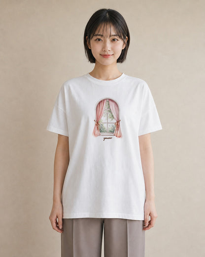 プリントTシャツ レディース 夕暮れ バルコニー 夕焼け ナチュラル アンティーク イラスト 休日コーデ 帰省 ラフ 白T