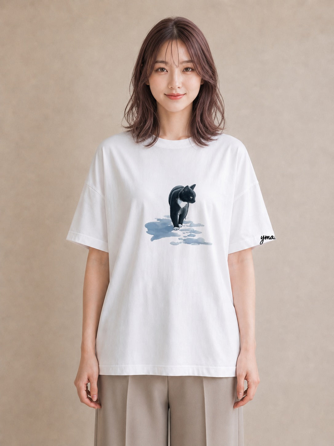 グラフィックTシャツ レディース 靴下猫 猫 ねこ イラスト 抜け感 自分用 ルームウェア 白T