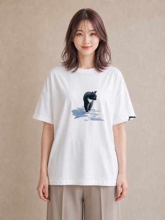グラフィックTシャツ レディース 靴下猫 猫 ねこ イラスト 抜け感 自分用 ルームウェア 白T
