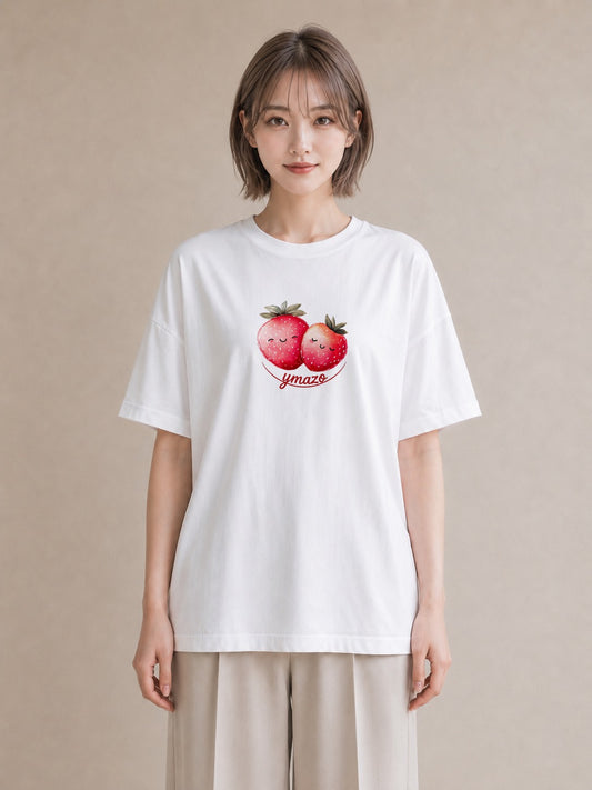 グラフィックTシャツ レディース いちご 苺 ストロベリー 食べ物 フード イラスト 抜け感 休日 ペアコーデ 白T