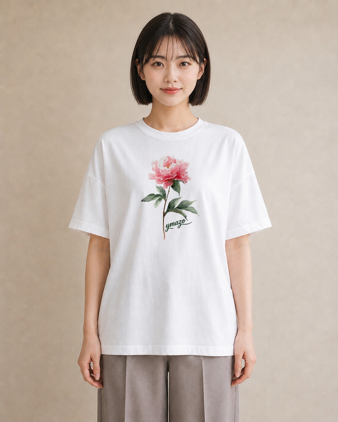 Tシャツ レディース 牡丹 花 花柄 イラスト きれいめカジュアル クリスマス 旅行 白T