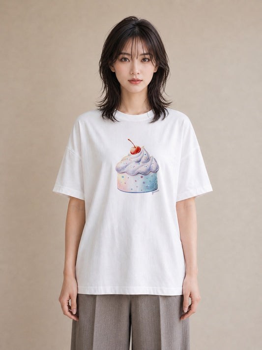 Tシャツ レディース プリン 食べ物 フード イラスト モード 公園 ママ 白T