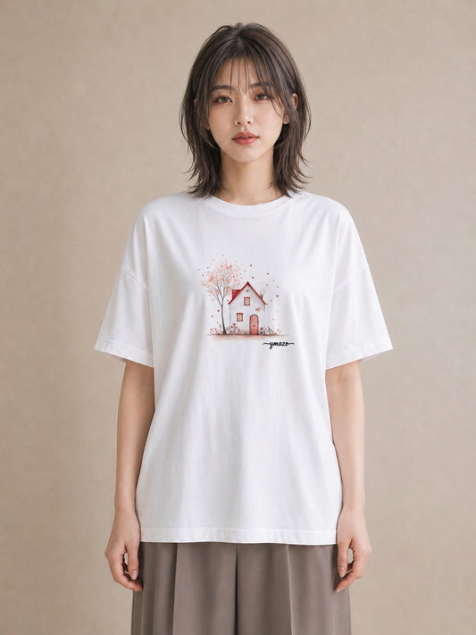 半袖Tシャツ レディース 遠い家と鳥 風景 鳥 ナチュラル アンティーク イラスト ヴィンテージ風 レイヤード 友達ギフト 白T