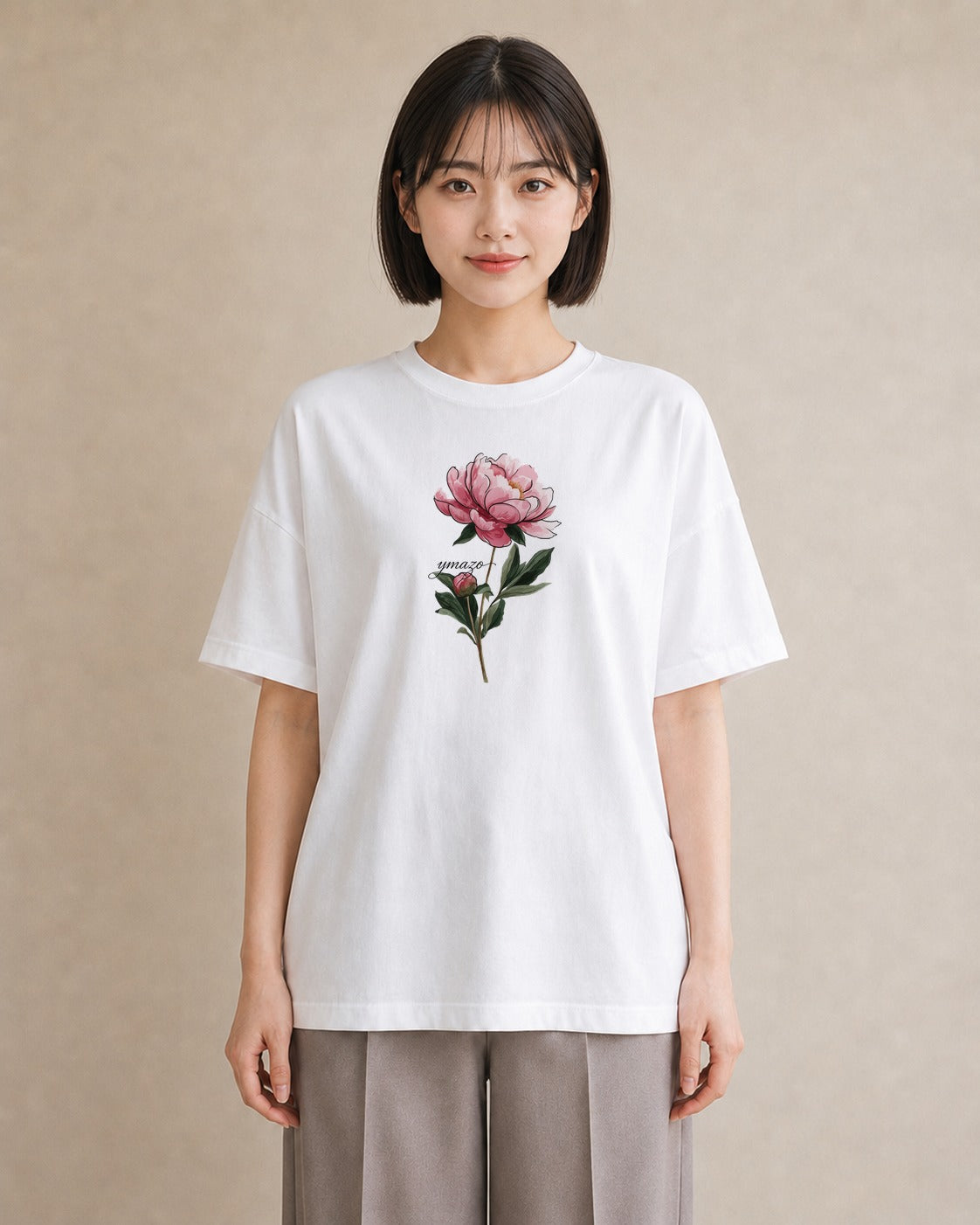 半袖Tシャツ レディース 牡丹 花 花柄 イラスト 普段使い 女性 旅行用 白T