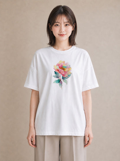 Tシャツ レディース 牡丹 花 花柄 イラスト ゆるコーデ ビーチ デイリーウェア 白T