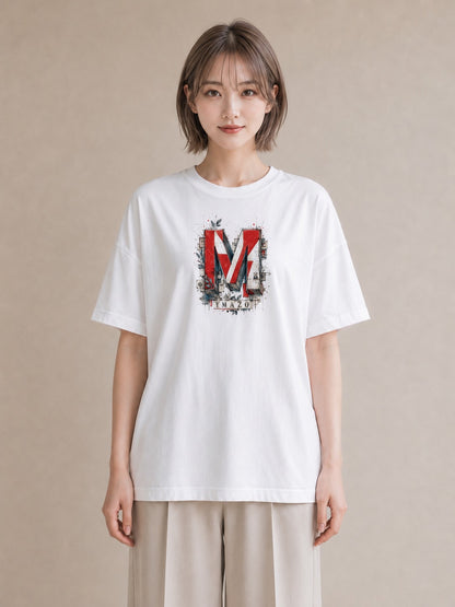 【受注生産】YMAZO Tシャツ レディース 半袖 ビッグシルエット 花柄 フローラル ボタニカル 花 ブーケ 白T 綿100% ホワイト M L ナチュラル 大人可愛い 韓国っぽい デイリー 推し活 ギフト 春夏｜イニシャルY（大きめプリ