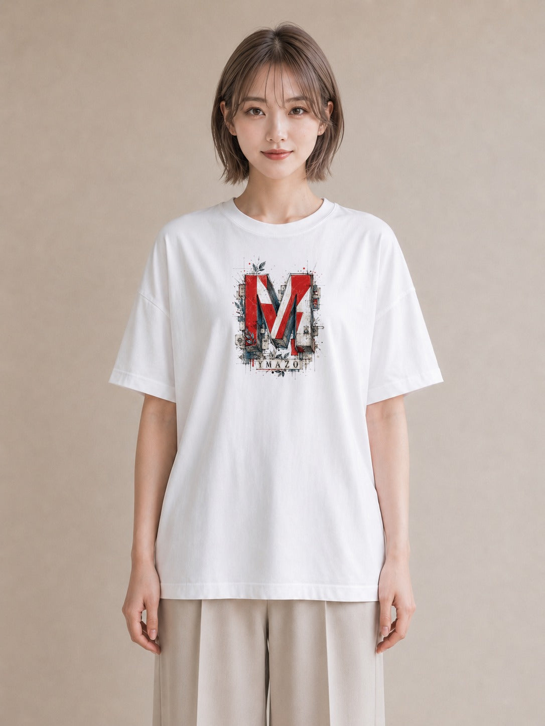 【受注生産】YMAZO Tシャツ レディース 半袖 ビッグシルエット 花柄 フローラル ボタニカル 花 ブーケ 白T 綿100% ホワイト M L ナチュラル 大人可愛い 韓国っぽい デイリー 推し活 ギフト 春夏｜イニシャルY（スタンダー