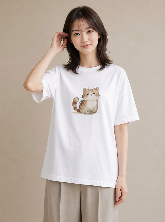 半袖Tシャツ レディース しっぽ 猫 ねこ イラスト きれいめカジュアル お揃い 親子 白T