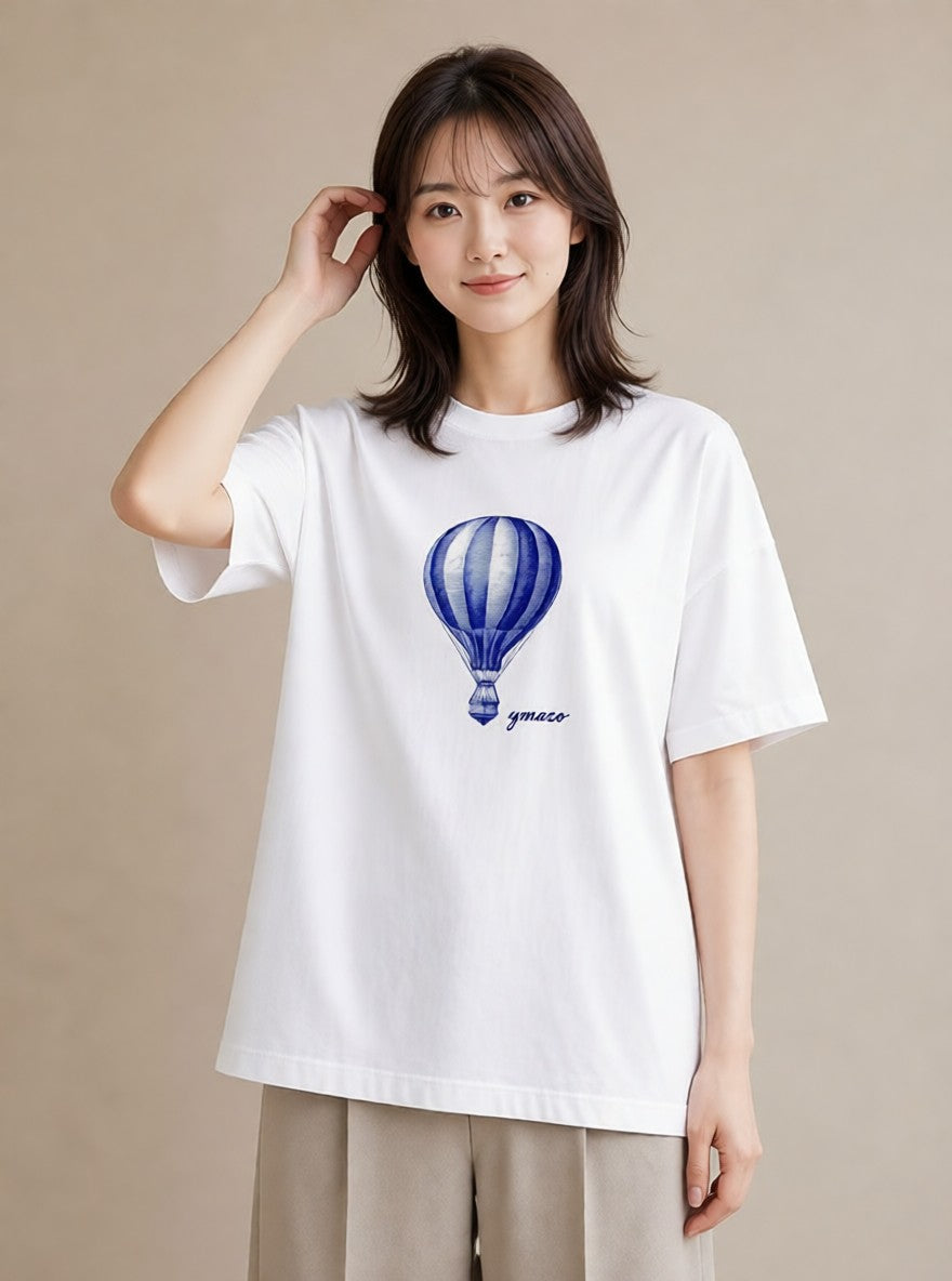 デザインTシャツ レディース 気球 星空 宇宙 イラスト きれいめカジュアル 公園 ママ 白T