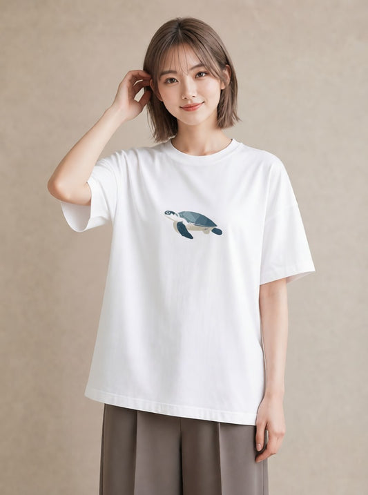 グラフィックTシャツ レディース ウミガメ 海の生き物 海 イラスト モード 20代 カジュアルコーデ 白T