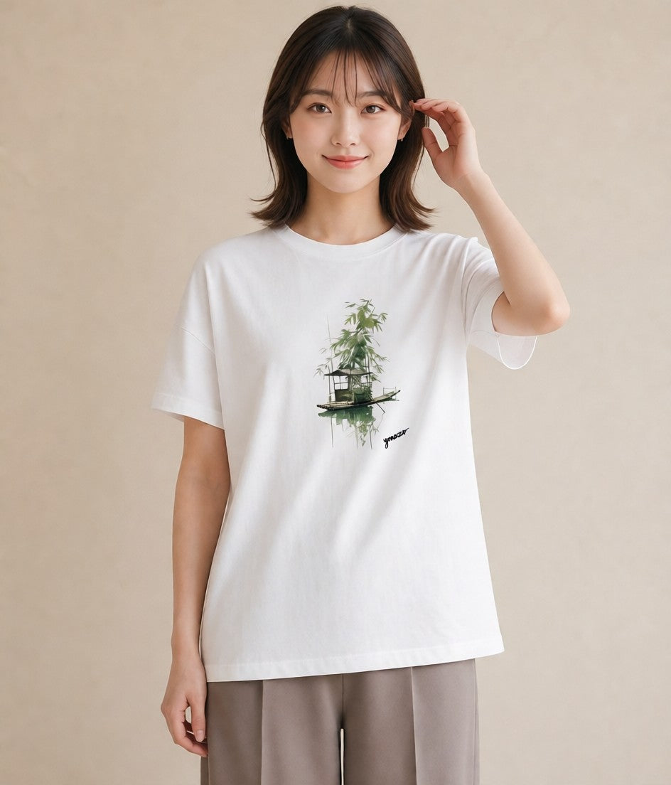 グラフィックTシャツ レディース 桟橋 水辺 波止場 ナチュラル アンティーク イラスト ゆるコーデ カフェ服 クリスマス 白T