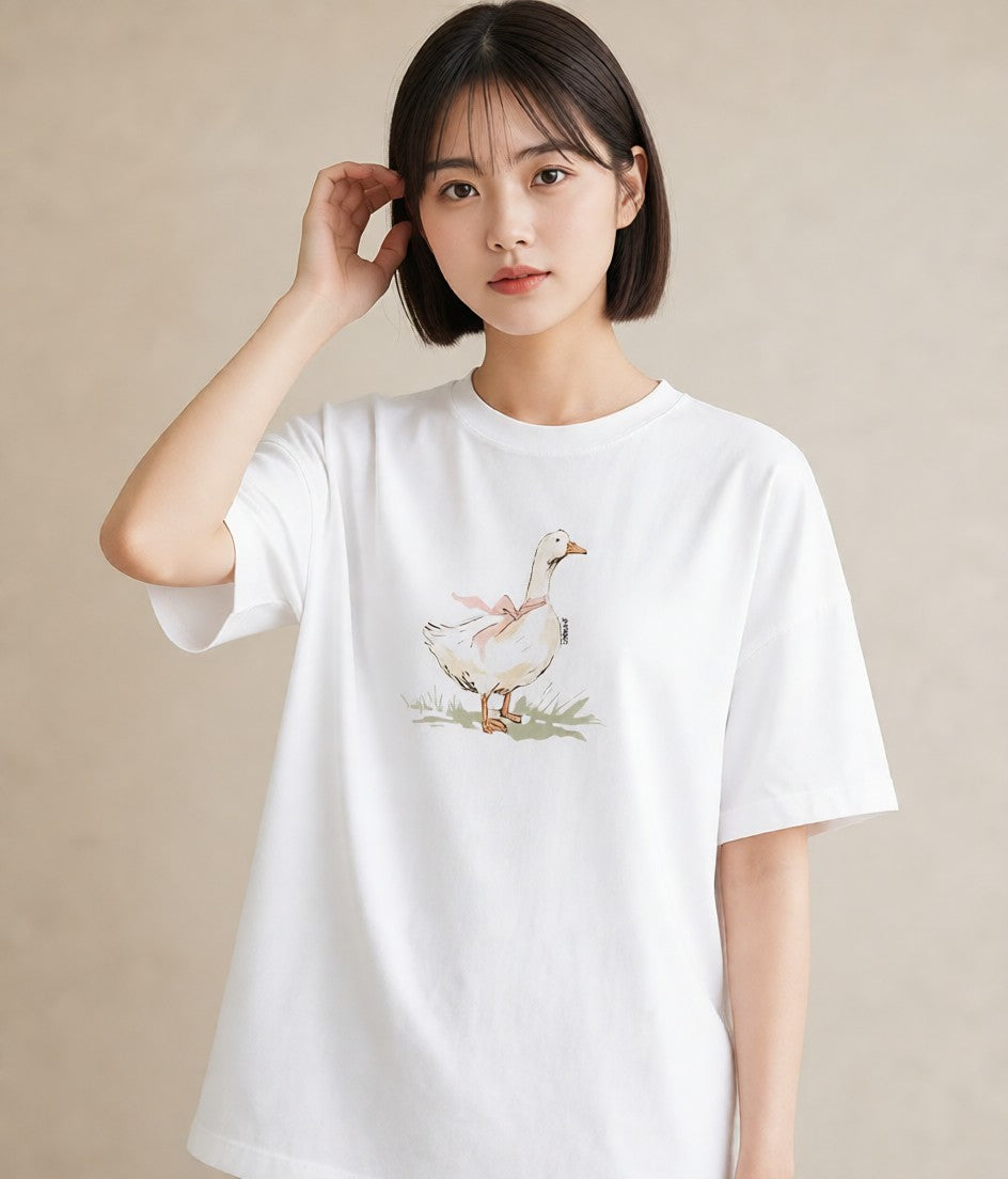 半袖Tシャツ レディース ハクチョウ 動物 アニマル イラスト ゆるコーデ 夏コーデ 通学 白T