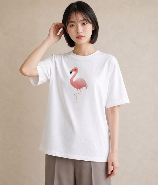 グラフィックTシャツ レディース フラミンゴ 動物 アニマル イラスト ヴィンテージ風 ホワイトデー 春服 白T