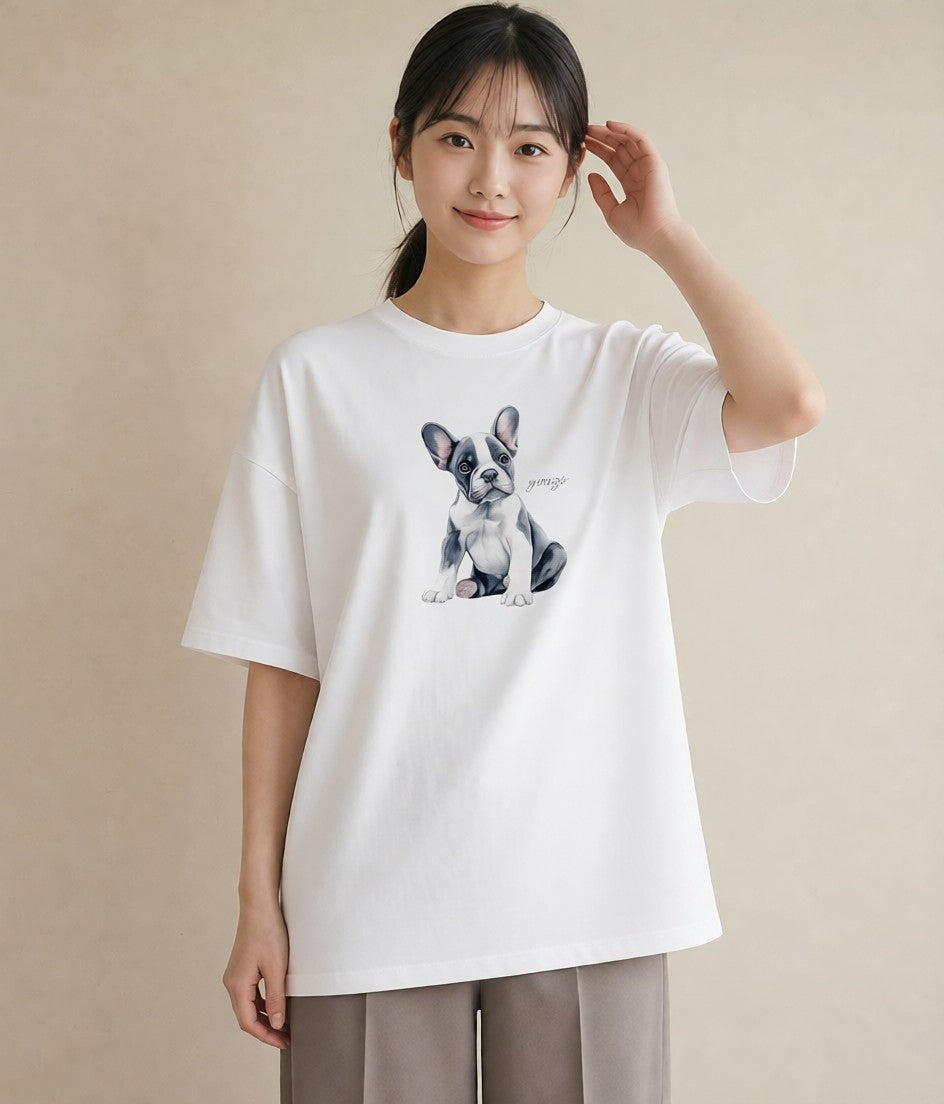 Tシャツ レディース 子犬 犬 いぬ イラスト ユニーク ビーチ デイリーウェア 白T