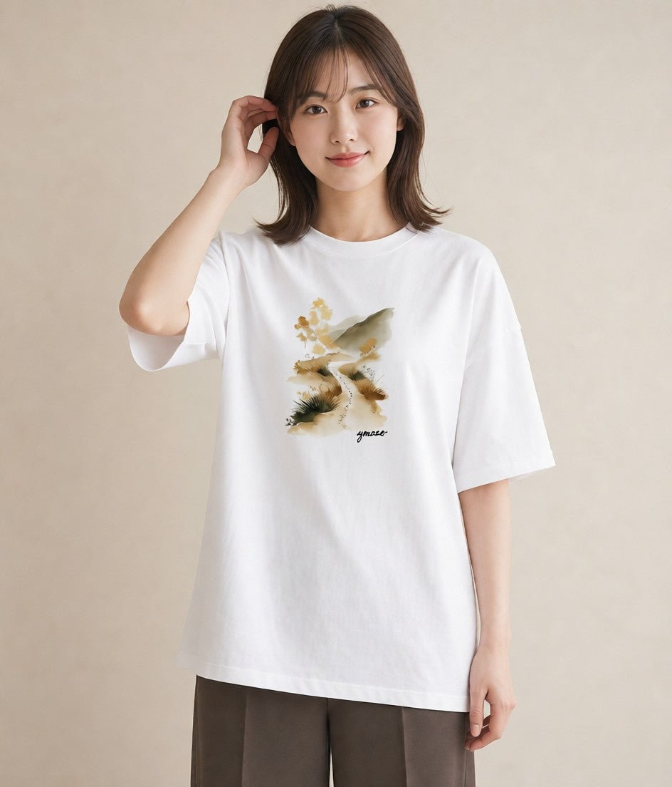 Tシャツ レディース 小川 橋 せせらぎ ナチュラル アンティーク イラスト きれいめカジュアル 部屋着 女性向けギフト 白T