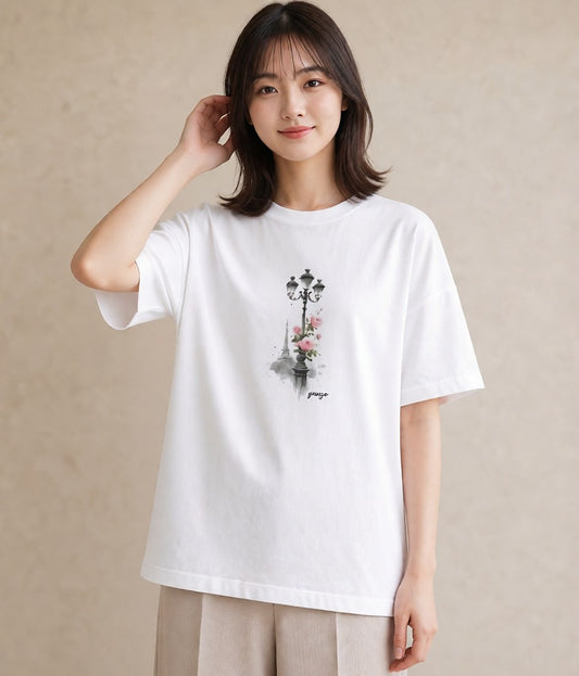 グラフィックTシャツ レディース 街灯 夜霧 夜 ナチュラル アンティーク イラスト 旅行コーデ 春服 ミセス 白T