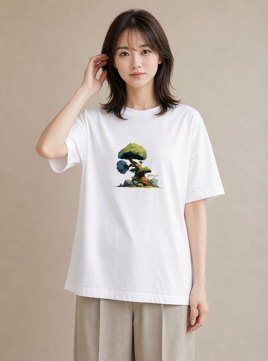プリントTシャツ レディース 盆栽 植物 ボタニカル イラスト ゆるかわ カジュアルコーデ 買い物 白T