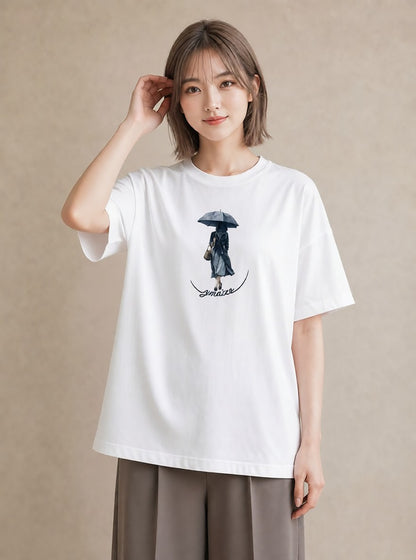 デザインTシャツ レディース 傘 水たまり 雨 ナチュラル アンティーク イラスト きれいめカジュアル ビーチ デイリーウェア 白T
