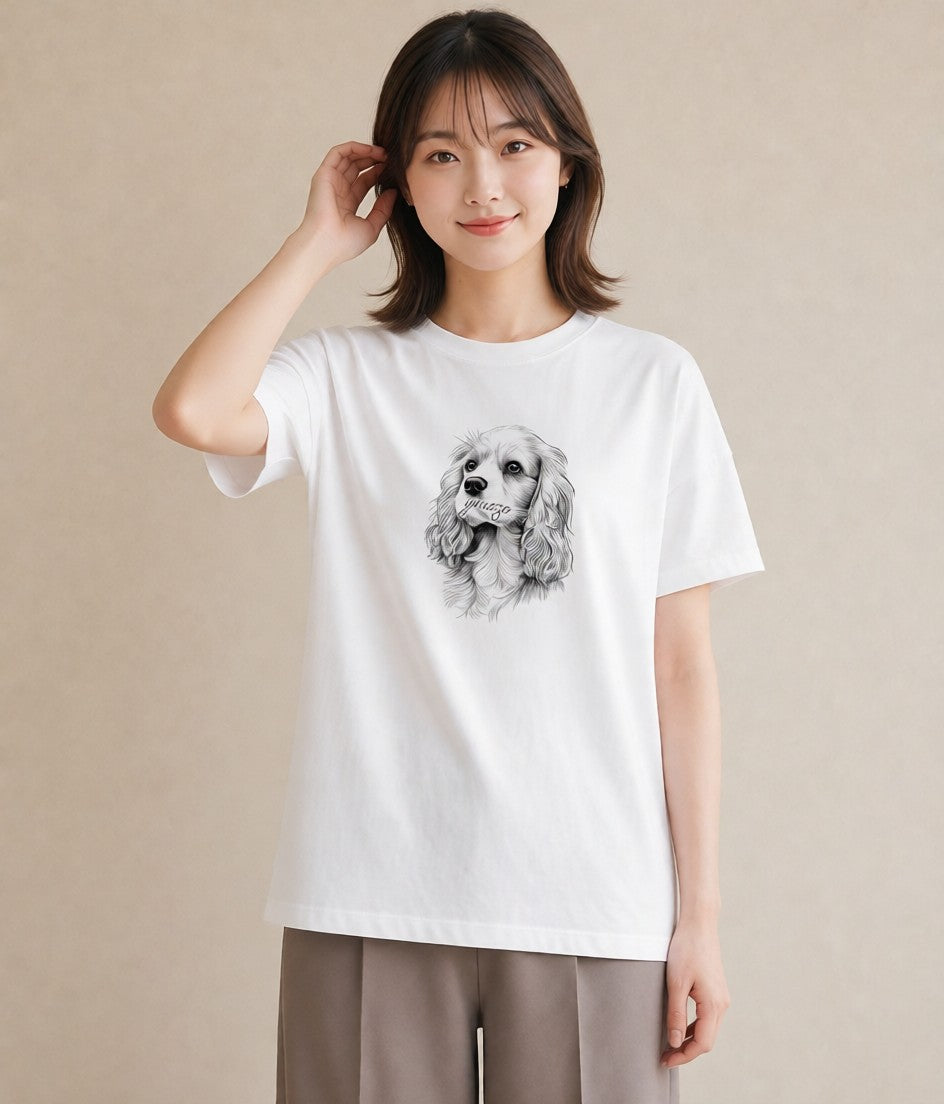 プリントTシャツ レディース キャバリア 犬 いぬ イラスト ボタニカル 女性向けギフト 散歩 白T