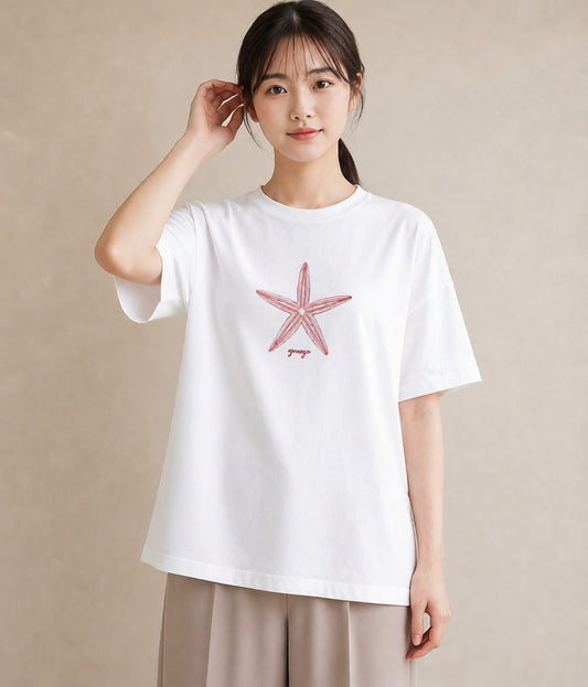 プリントTシャツ レディース ヒトデ 海の生き物 海 イラスト カフェコーデ レイヤード 友達ギフト 白T