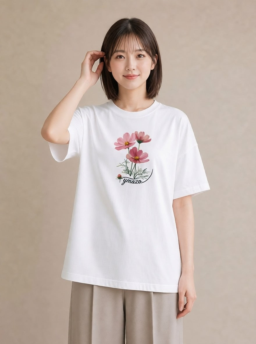 Tシャツ レディース コスモス 秋桜 花 花柄 イラスト 旅行コーデ 秋コーデ おしゃれギフト 白T