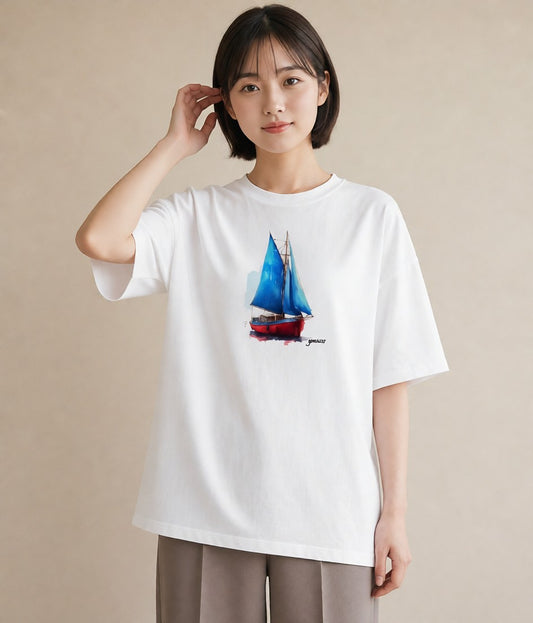 半袖Tシャツ レディース 紙の船 水辺 ナチュラル アンティーク イラスト 手描き風 姉妹 送別ギフト 白T