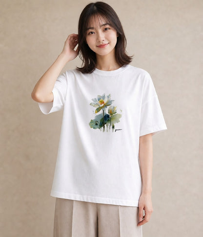 半袖Tシャツ レディース 蓮 花 花柄 イラスト 普段使い ホワイトデー 春服 白T