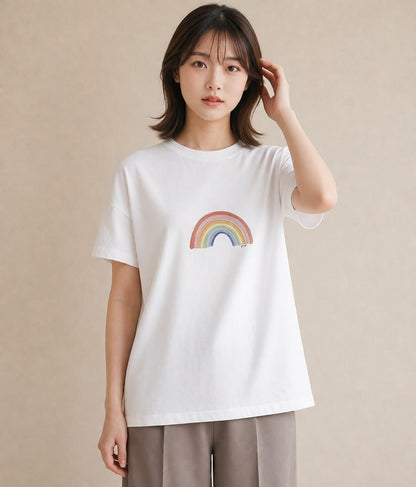 Tシャツ レディース 虹 星空 宇宙 イラスト 韓国風 在宅 公園 白T