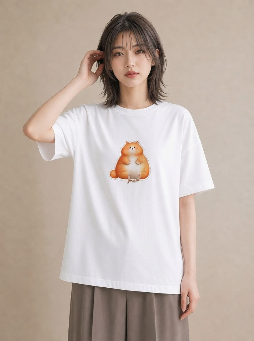 半袖Tシャツ レディース 茶トラ 茶猫 猫 ねこ イラスト ニュアンス 旅行 母娘コーデ 白T