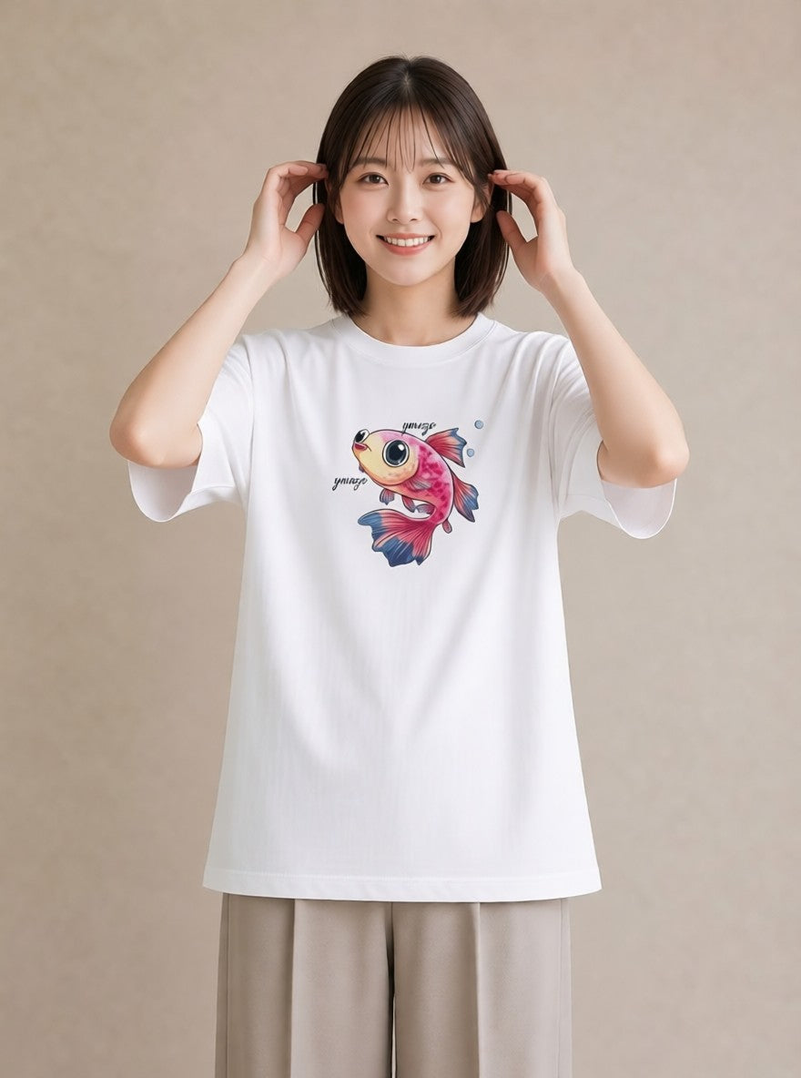 半袖Tシャツ レディース メダカ ペット 動物 イラスト 抜け感 カジュアルコーデ 買い物 白T