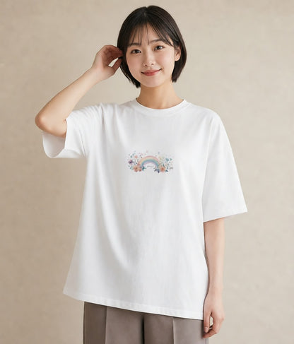 グラフィックTシャツ レディース 虹 星空 宇宙 イラスト デイリーウェア 休日 白T