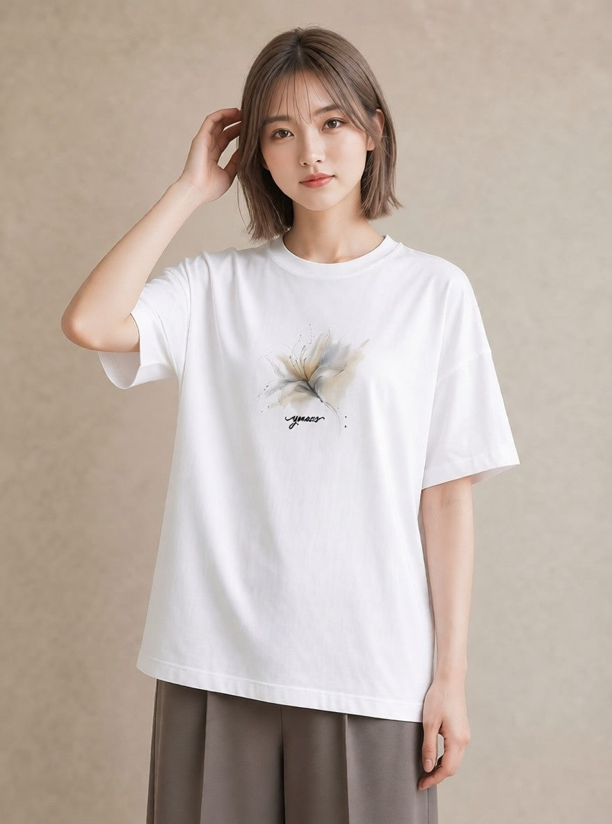 プリントTシャツ レディース ゆり 百合 花 花柄 イラスト 可愛い カジュアルコーデ 買い物 白T