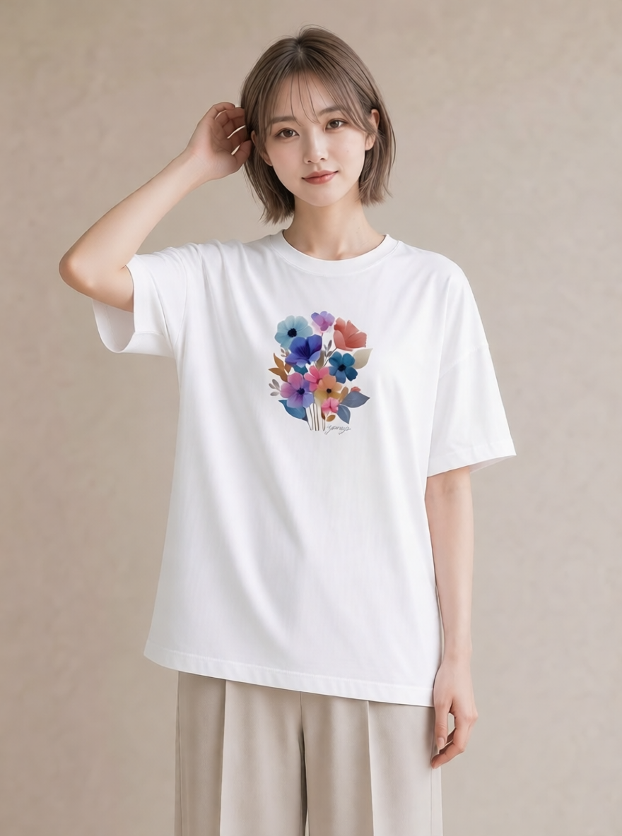 プリントTシャツ レディース あさがお 朝顔 花 花柄 イラスト ユニーク お出かけ 普段着 白T