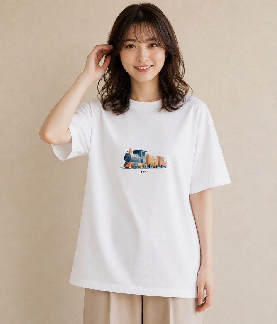 グラフィックTシャツ レディース 駅のホーム ローカル線 駅 ナチュラル アンティーク イラスト 帰省 ラフ 白T