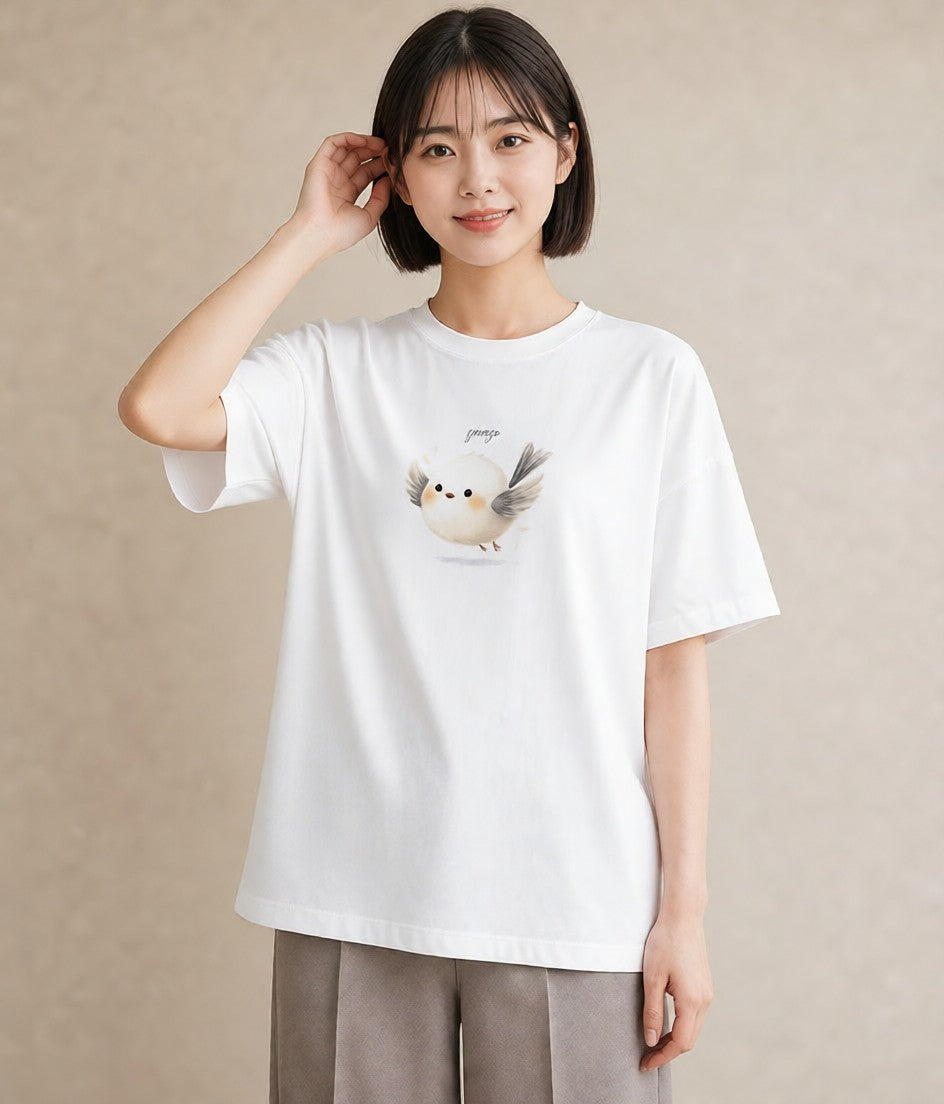 デザインTシャツ レディース 小鳥 ペット 動物 イラスト レトロ 海 カフェ巡り 白T