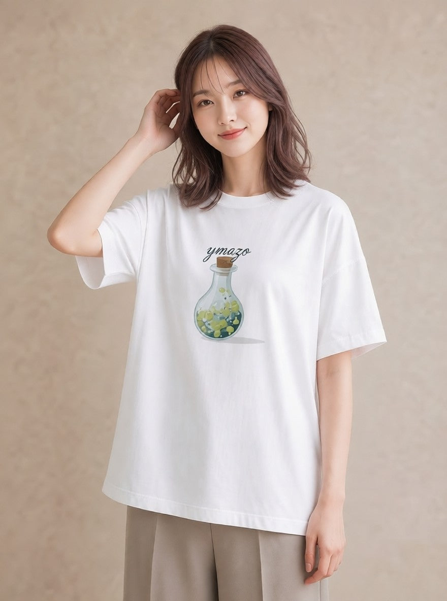 Tシャツ レディース ガラス瓶 小枝 ボタニカル ナチュラル アンティーク イラスト 線画 お出かけ 普段着 白T