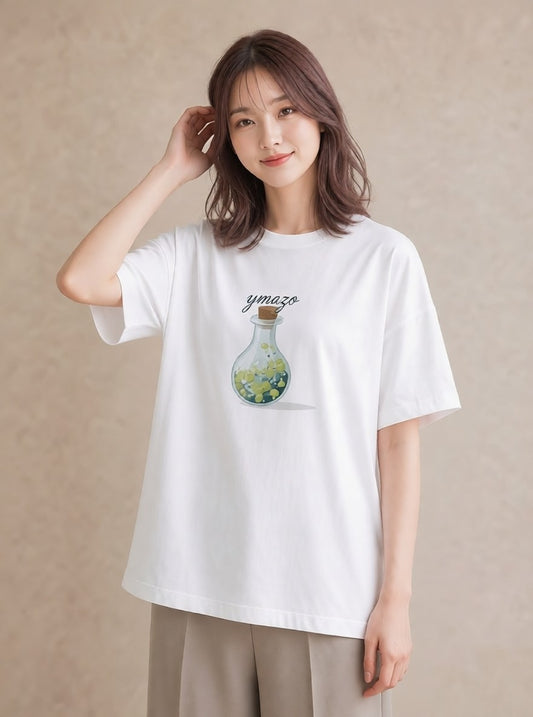 Tシャツ レディース ガラス瓶 小枝 ボタニカル ナチュラル アンティーク イラスト 線画 お出かけ 普段着 白T