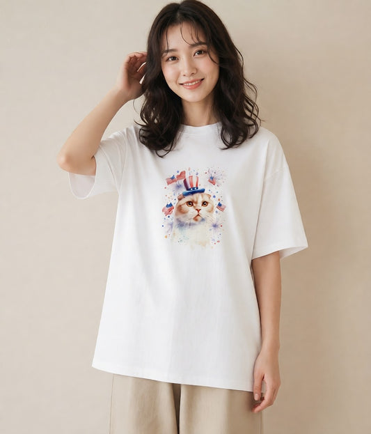 半袖Tシャツ レディース エキゾチックショートヘア 猫 ねこ イラスト レトロ 散歩 お出かけ 白T