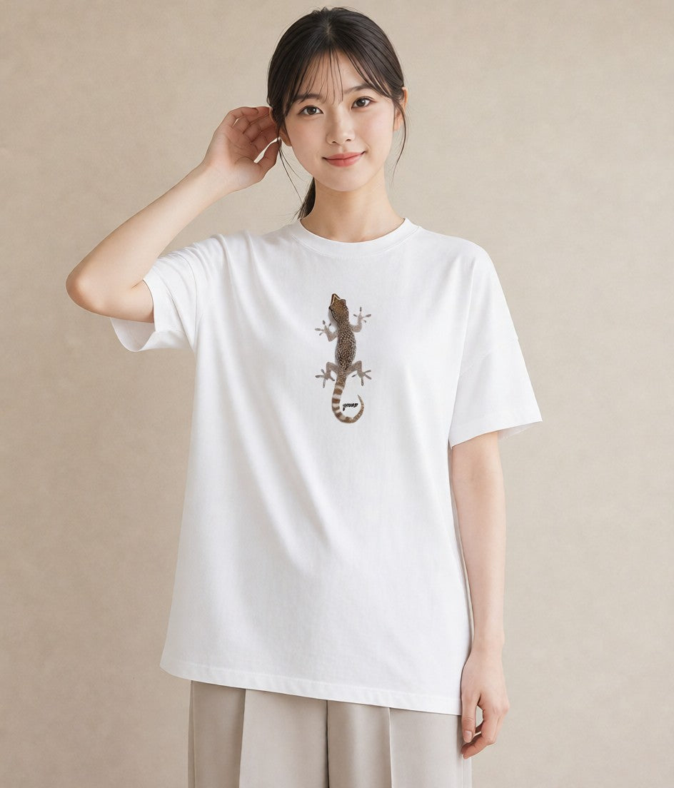 Tシャツ レディース ヤモリ ペット 動物 イラスト きれいめカジュアル ラフ レイヤード 白T