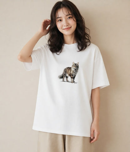 グラフィックTシャツ レディース メインクーン 猫 ねこ イラスト 秋コーデ おしゃれギフト 白T