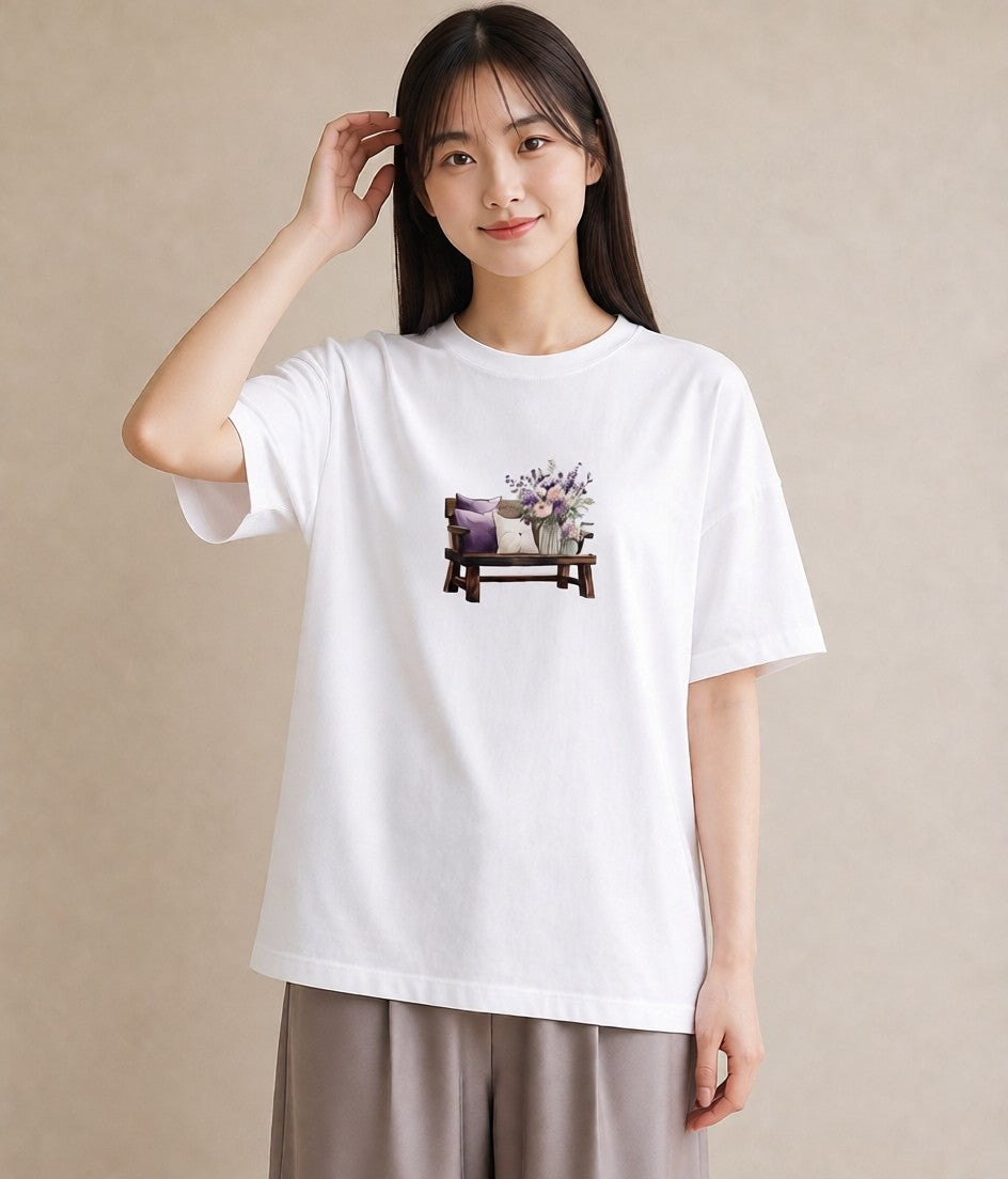 Tシャツ レディース 雨上がりのベンチ ベンチ ナチュラル アンティーク イラスト ミニマル 自分用 ルームウェア 白T