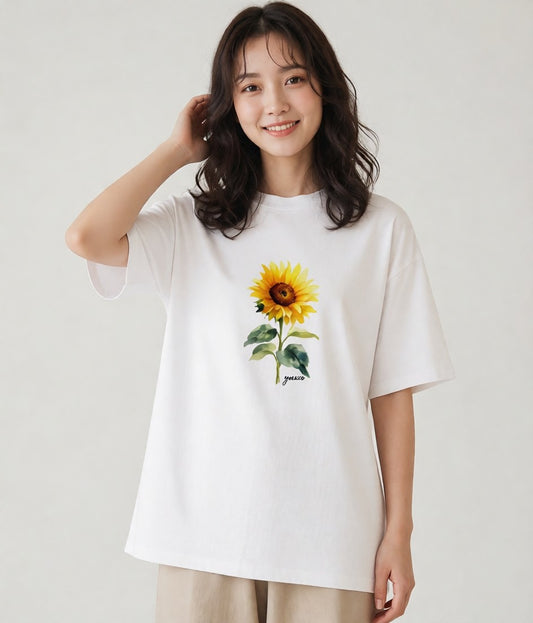 デザインTシャツ レディース ひまわり 向日葵 花 花柄 イラスト ゆるかわ 誕生日プレゼント 綿100 白T