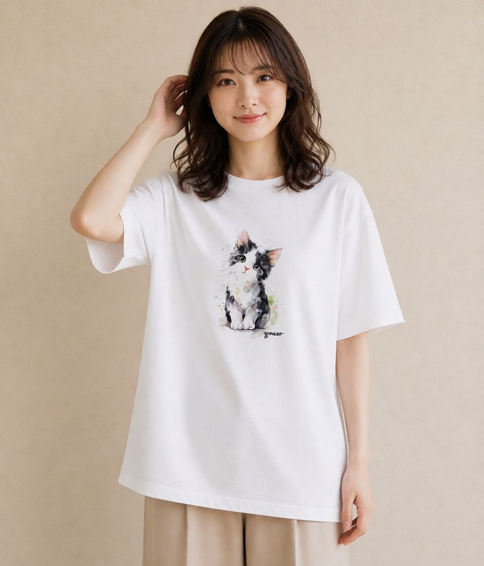 半袖Tシャツ レディース 三毛猫 みけねこ 三毛 猫 ねこ イラスト フェミニン 散歩 お出かけ 白T