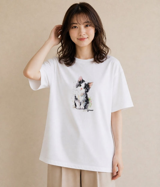 半袖Tシャツ レディース 三毛猫 みけねこ 三毛 猫 ねこ イラスト フェミニン 散歩 お出かけ 白T