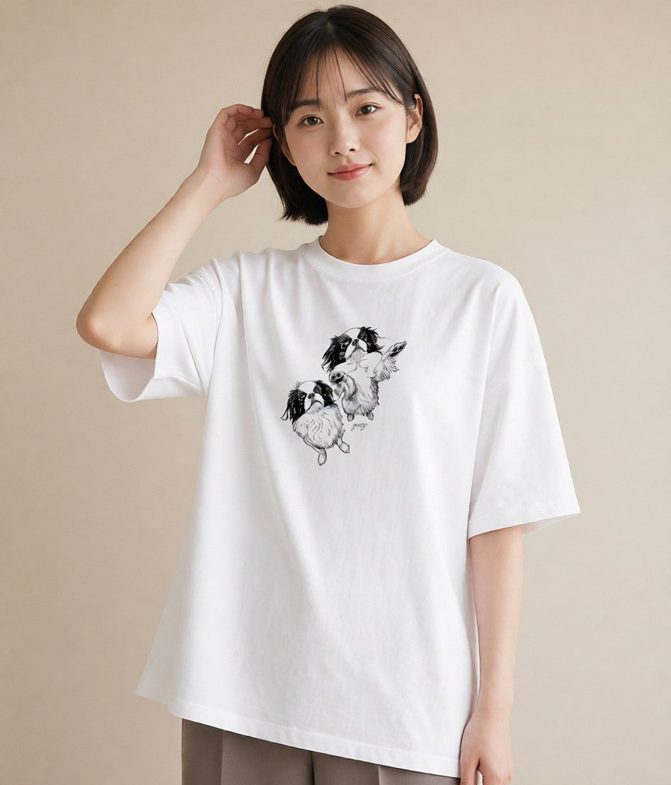 プリントTシャツ レディース 狆 犬 いぬ イラスト きれいめ 買い物 夏コーデ 白T