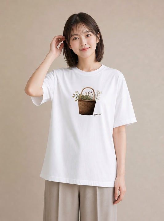 プリントTシャツ レディース 自転車のかご 自転車 花かご ナチュラル アンティーク イラスト 社会人 女性 白T