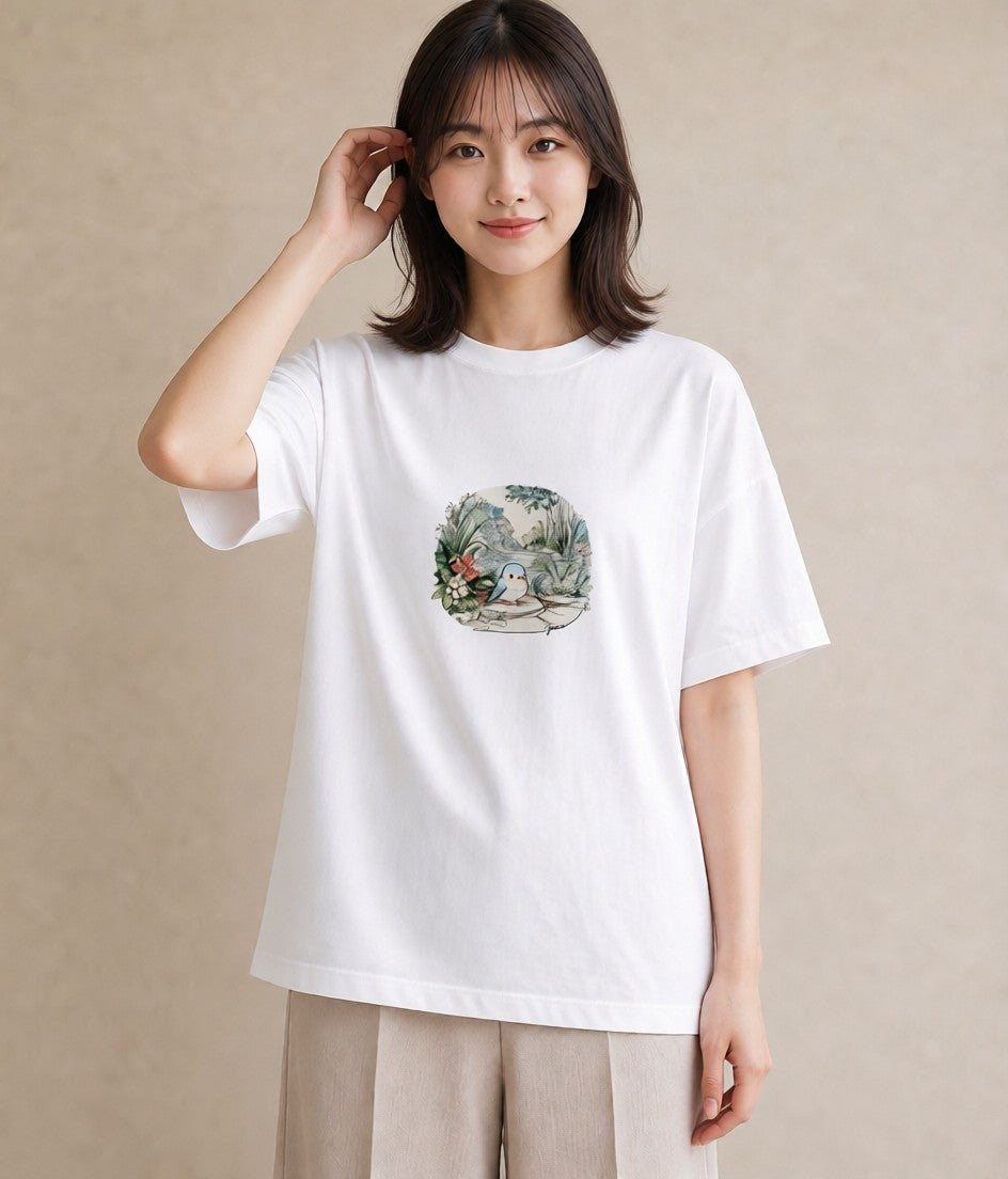 デザインTシャツ レディース 遠い家と鳥 風景 鳥 ナチュラル アンティーク イラスト ガーリー 友達ギフト 部屋着 白T