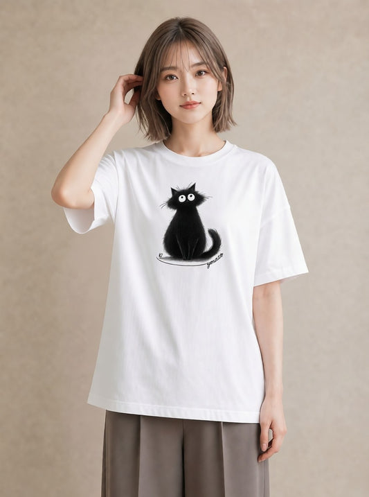 デザインTシャツ レディース 黒猫 猫 ねこ イラスト きれいめカジュアル 自分用 ルームウェア 白T