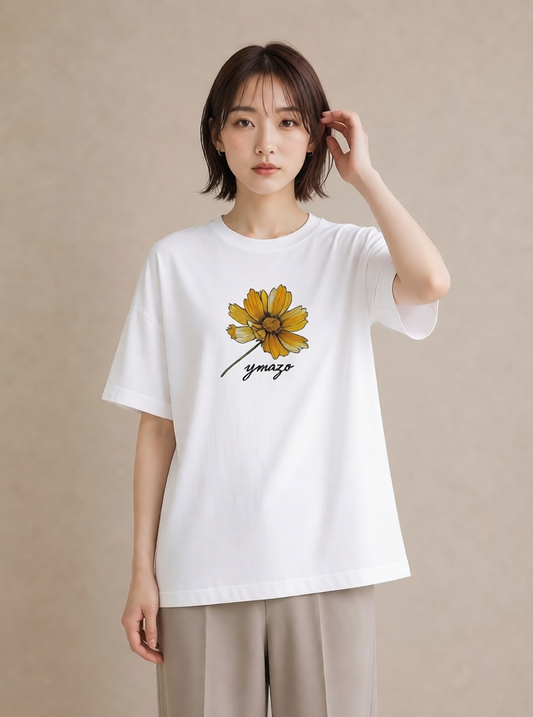 Tシャツ レディース デイジー 花 花柄 イラスト アート風 通勤 在宅 白T